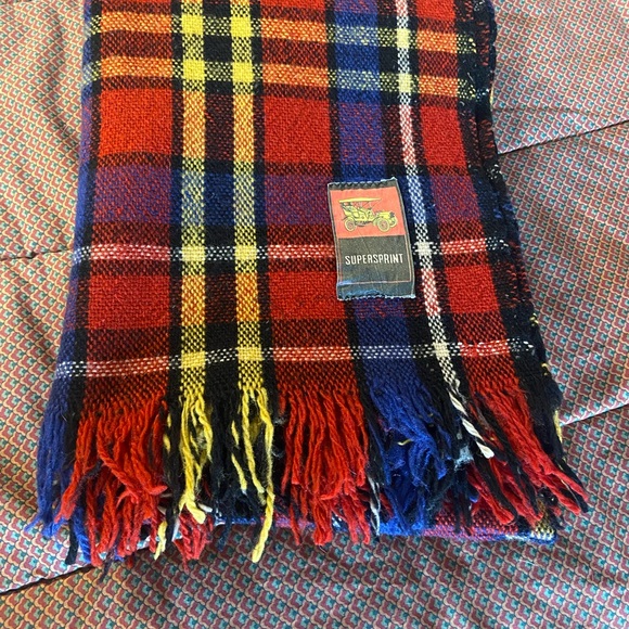 Vintage Supersprint Red Blue Plaid Wool Blanket Stadium Auto Throw 48x64” Fringe - Picture 2 of 6